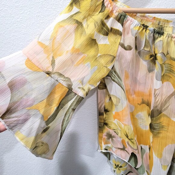 Shein Floral Off-Shoulder Tie-Front Cropped Sheer Top with Bell Sleeves Size M - Picture 2 of 9